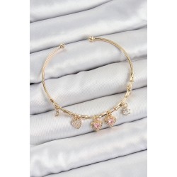 Pirinç Zirkon Taşlı Pembe Kalp Model Gold Renk Charm Bileklik