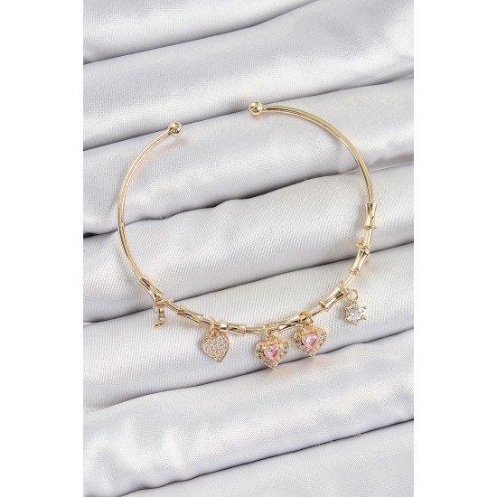 Pirinç Zirkon Taşlı Pembe Kalp Model Gold Renk Charm Bileklik