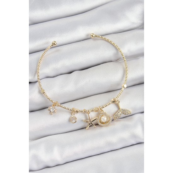 Pirinç Zirkon Taşlı İstiridye Ve Deniz Yıldızı Model Gold Renk Charm Bileklik Pirinç Zirkon Taşlı İstiridye Ve Deniz Yıldızı Model Gold Renk Charm Bileklik