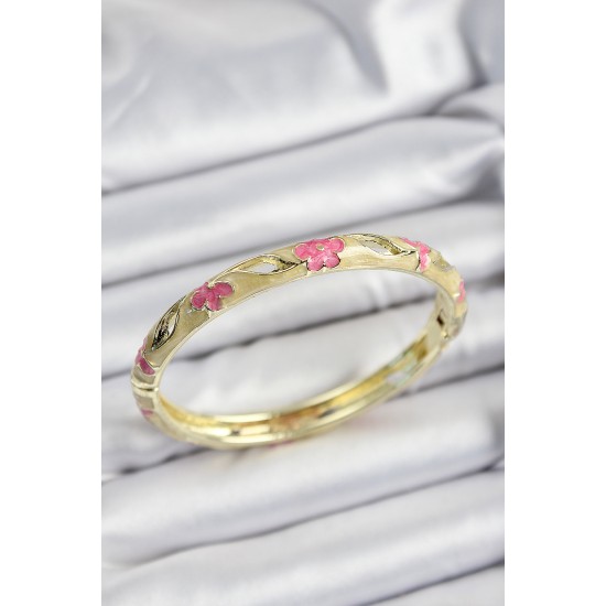Mineli Pirinç Pembe Ve Hardal Çiçek Motifli Gold Renk Kadın Kelepçe Mineli Pirinç Pembe Ve Hardal Çiçek Motifli Gold Renk Kadın Kelepçe