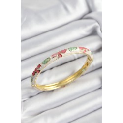 Mineli Pirinç Pembe Yeşil Ve Krem Çiçek Motifli Gold Renk Kadın Kelepçe