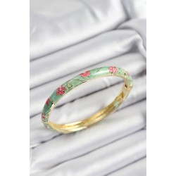 Mineli Pirinç Pembe Ve Yeşil Çiçek Motifli Gold Renk Kadın Kelepçe