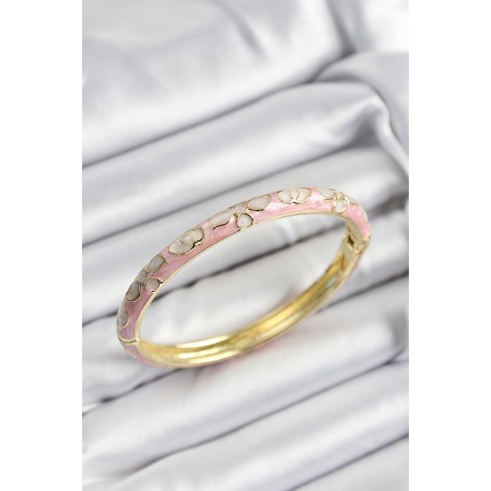 Mineli Pirinç Pembe Çiçek Motifli Gold Renk Kadın Kelepçe Mineli Pirinç Pembe Çiçek Motifli Gold Renk Kadın Kelepçe