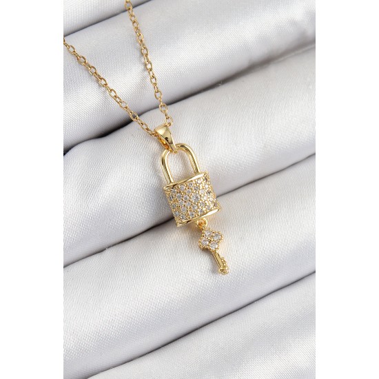 316L Çelik Zirkon Taşlı Kilit Ve Sallantılı Anahtar Model Gold Renk Kadın Kolye 316L Çelik Zirkon Taşlı Kilit Ve Sallantılı Anahtar Model Gold Renk Kadın Kolye