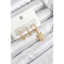 Pirinç Zirkon Taşlı Kutup Yıldızı Model Gold Renk 3'lü Set Kadın Küpe