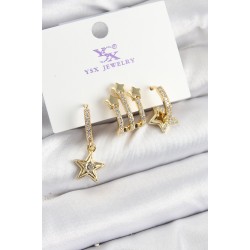 Pirinç Zİrkon Taşlı Sallantılı Yıldız Model Gold Renk 3'lü Kadın Küpe
