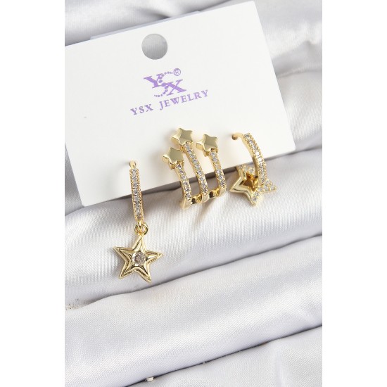 Pirinç Zİrkon Taşlı Sallantılı Yıldız Model Gold Renk 3'lü Kadın Küpe Pirinç Zİrkon Taşlı Sallantılı Yıldız Model Gold Renk 3'lü Kadın Küpe
