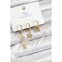 Pirinç Zİrkon Taşlı Ay Ve Hilal Model Gold Renk 3'lü Kadın Küpe