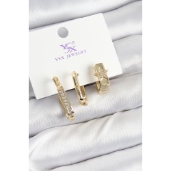 Pirinç Zİrkon Taşlı Yıldız Model Gold Renk 3'lü Kadın Küpe