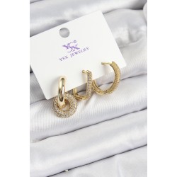 Pirinç Zİrkon Taşlı Halka Model Gold Renk 3'lü Kadın Küpe