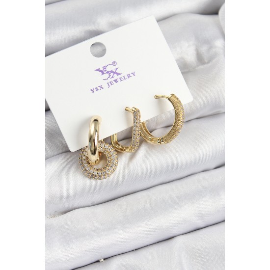 Pirinç Zİrkon Taşlı Halka Model Gold Renk 3'lü Kadın Küpe