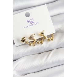 Pirinç Zİrkon Taşlı Kalp Model Gold Renk 3'lü Kadın Küpe