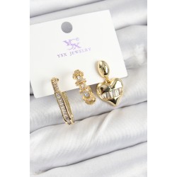 Pirinç Zİrkon Taşlı Kalp Model Gold Renk 3'lü Kadın Küpe