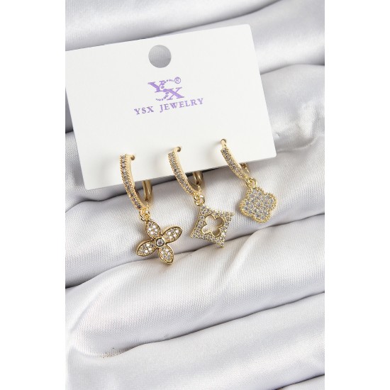 Pirinç Zİrkon Taşlı Yonca Model Gold Renk 3'lü Kadın Küpe Pirinç Zİrkon Taşlı Yonca Model Gold Renk 3'lü Kadın Küpe