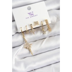 Pirinç Zİrkon Taşlı Kutup Yıldızı Model Gold Renk 3'lü Çift Kadın Küpe