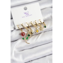Pirinç Zİrkon Taşlı Gül Ve Papatya Model Gold Renk 3'lü Çift Kadın Küpe
