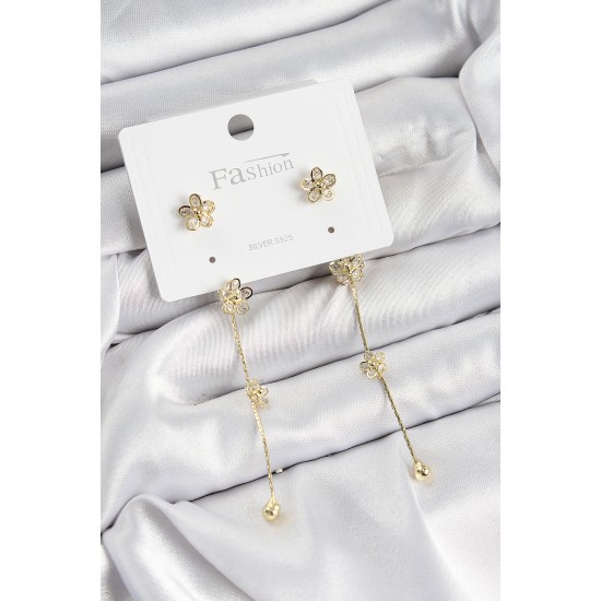 Pirinç Zirkon Taşlı Sallantılı Çiçek Model Gold Renk 925 Ayar Gümüş Çivi Kadın Küpe Pirinç Zirkon Taşlı Sallantılı Çiçek Model Gold Renk 925 Ayar Gümüş Çivi Kadın Küpe