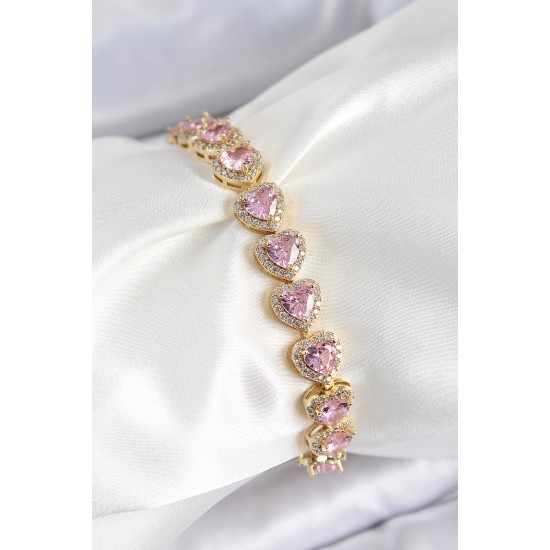 Pirinç Zirkon Taşlı Pembe Kalp Baget Model Gold Renk VIP Seri Kadın Bileklik Pirinç Zirkon Taşlı Pembe Kalp Baget Model Gold Renk VIP Seri Kadın Bileklik