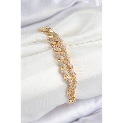 Pirinç Zirkon Taşlı Küba Zincir Model Gold Renk Kadın Bileklik