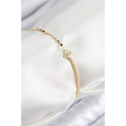 Pirinç Zirkon Taşlı Yonca Model Ezme Zincir Gold Renk Kadın Bileklik