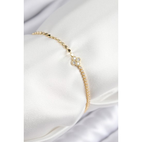 Pirinç Zirkon Taşlı Yonca Model Ezme Zincir Gold Renk Kadın Bileklik