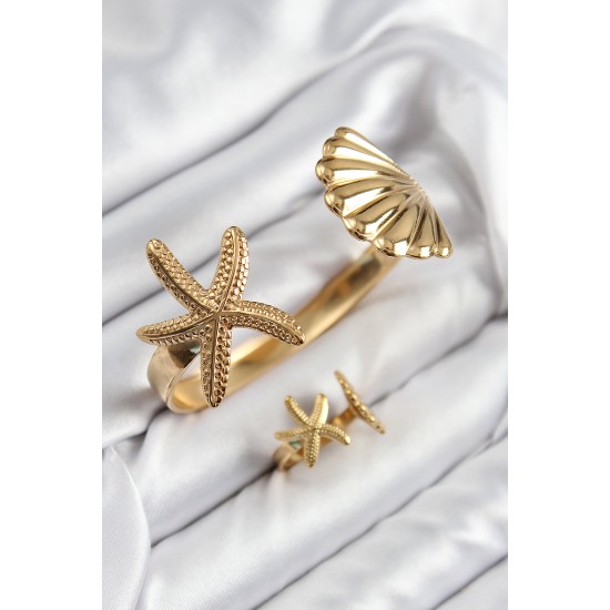 Pirinç İstiridye Ve Deniz Yıldızı Model Gold Renk Bileklik Yüzük Set Pirinç İstiridye Ve Deniz Yıldızı Model Gold Renk Bileklik Yüzük Set