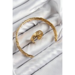 Pirinç Zirkon Taşlı Vintage Model Gold Renk Bileklik Yüzük Set