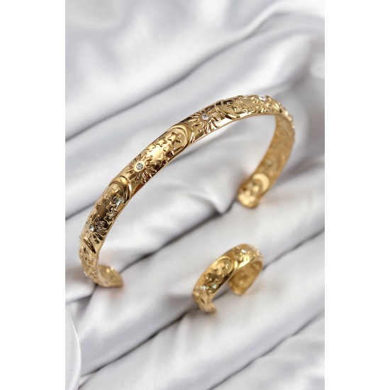 Pirinç Zirkon Taşlı Vintage Model Gold Renk Bileklik Yüzük Set Pirinç Zirkon Taşlı Vintage Model Gold Renk Bileklik Yüzük Set