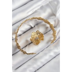 Pirinç Çiçek Model Gold Renk Bileklik Yüzük Set