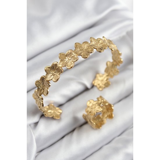 Pirinç Çiçek Model Gold Renk Bileklik Yüzük Set Pirinç Çiçek Model Gold Renk Bileklik Yüzük Set