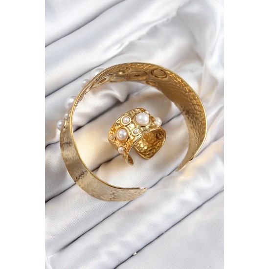 Pirinç İncili Model Gold Renk Bileklik Yüzük Set Pirinç İncili Model Gold Renk Bileklik Yüzük Set