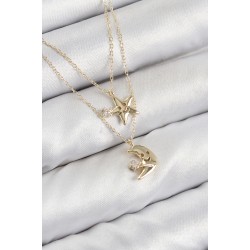 Pirinç Zirkon Taşlı Yıldız Ve Ay Model Gold Renk Kadın Kolye