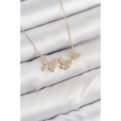 Pirinç Zirkon Taşlı Kelebek Model Gold Renk Kadın Kolye
