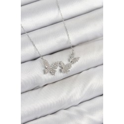 Pirinç Zirkon Taşlı Kelebek Model Gümüş Renk Kadın Kolye