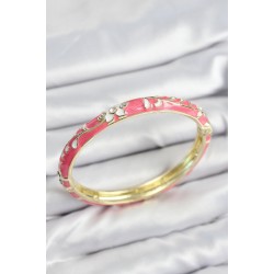 Mineli Pirinç Zirkon Taşlı Pembe Çiçek Motifli Gold Kadın Kelepçe