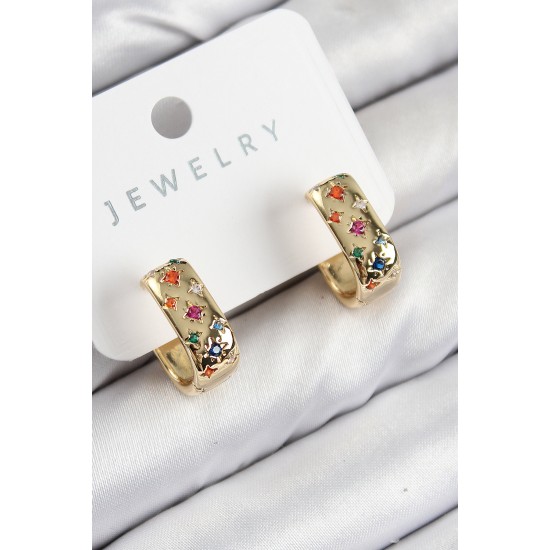 Pirinç Zirkon Taşlı Yıldız Desen Model Gold Renk Kadın Küpe Pirinç Zirkon Taşlı Yıldız Desen Model Gold Renk Kadın Küpe