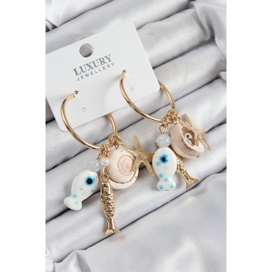 Pirinç Sallantılı Seramik Balık Ve Deniz Kabuğu Model Gold Renk Kadın Küpe Pirinç Sallantılı Seramik Balık Ve Deniz Kabuğu Model Gold Renk Kadın Küpe