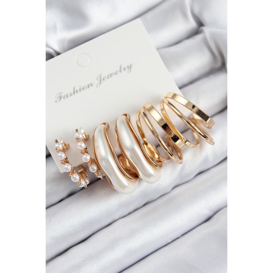 Pirinç İncili Halka Model Gold Renk Kadın Set Küpe