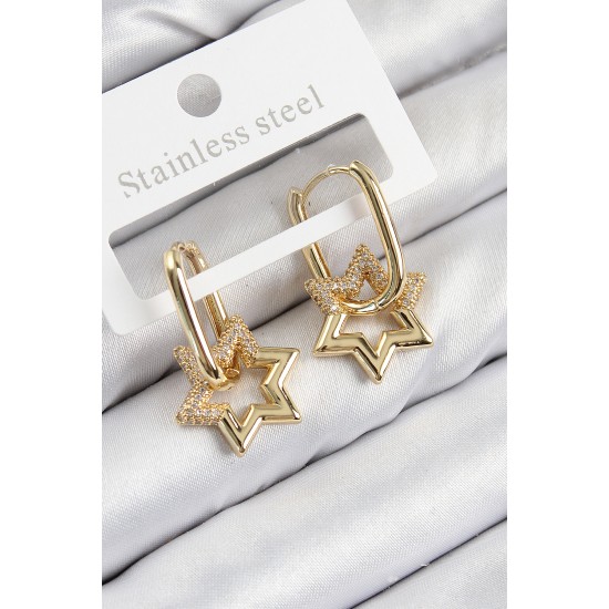 Pirinç Zirkon Taşlı Yıldız Model Gold Renk Kadın Küpe Pirinç Zirkon Taşlı Yıldız Model Gold Renk Kadın Küpe