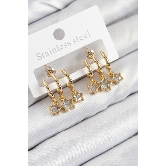 Pirinç Zirkon Taşlı Sallantılı Yıldız Model Gold Renk Kadın Küpe Pirinç Zirkon Taşlı Sallantılı Yıldız Model Gold Renk Kadın Küpe