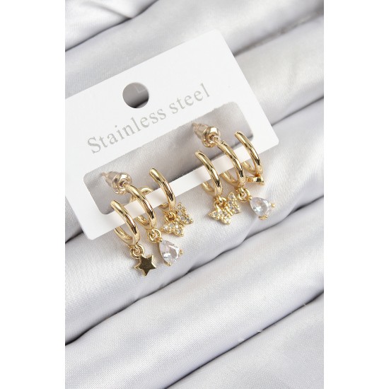 Pirinç Zirkon Taşlı Yıldız Ve Kelebek Model Gold Renk Kadın Küpe Pirinç Zirkon Taşlı Yıldız Ve Kelebek Model Gold Renk Kadın Küpe