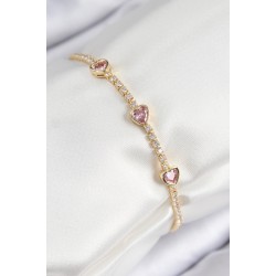 Pirinç Zirkon Taşlı Pembe Kalp Model Gold Renk Kadın Bileklik