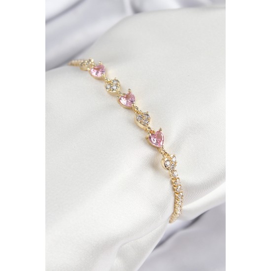 Pirinç Zirkon Taşlı Pembe Kalp Model Gold Renk Kadın Bileklik Pirinç Zirkon Taşlı Pembe Kalp Model Gold Renk Kadın Bileklik