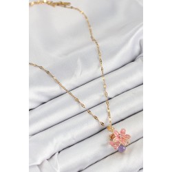 316L Çelik Zirkon Taşlı Arı Detaylı Pembe Çiçek Model Gold Renk Kadın Kolye