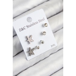 316L Çelik Zirkon Taşlı Deniz Yıldızı Model Gümüş Renk Kadın Set Küpe