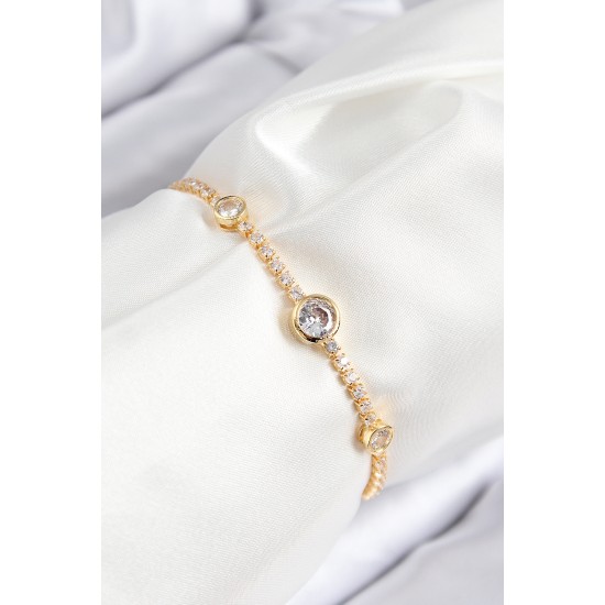 Pirinç Zirkon Taşlı Daire Model Gold Renk Asansörlü Kadın Bileklik