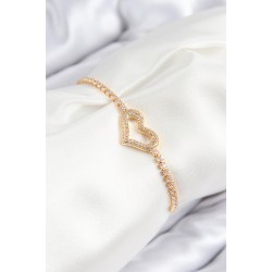 Pirinç Zirkon Taşlı Kalp Model Gold Renk Asansörlü Kadın Bileklik