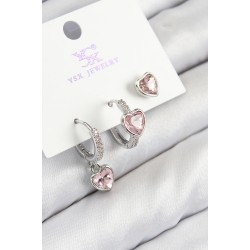 Pirinç Zirkon Taşlı 3'lü Pembe Kalp Model Gümüş Renk Kadın Küpe