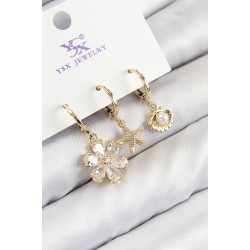 Pirinç Zirkon Taşlı 3'lü İstiridye Ve Çiçek Model Gold Renk Kadın Küpe