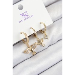 Pirinç Zirkon Taşlı 3'lü Kuş Model Gold Renk Kadın Küpe